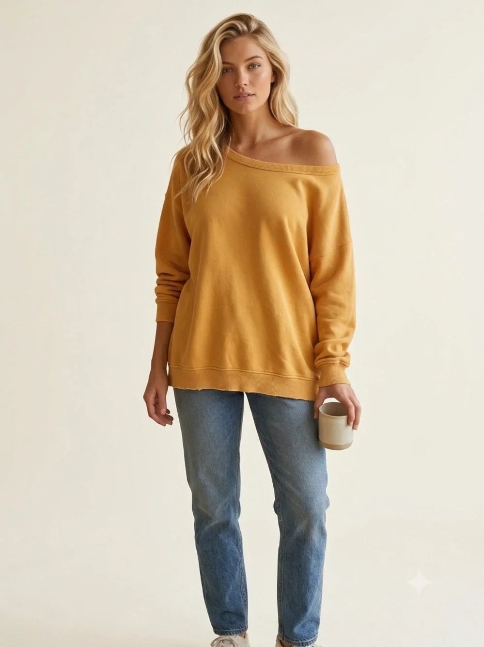 aerie Summer Daze Oversized Crewneck Sweatshirt in Mustard Yellow Marigold Small